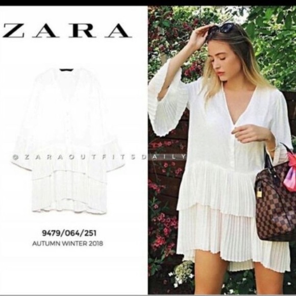 ZARA White PLEATED DRESS BLOUSE TUNIC Flowing V-neck blouse long sleeves - Picture 7 of 15
